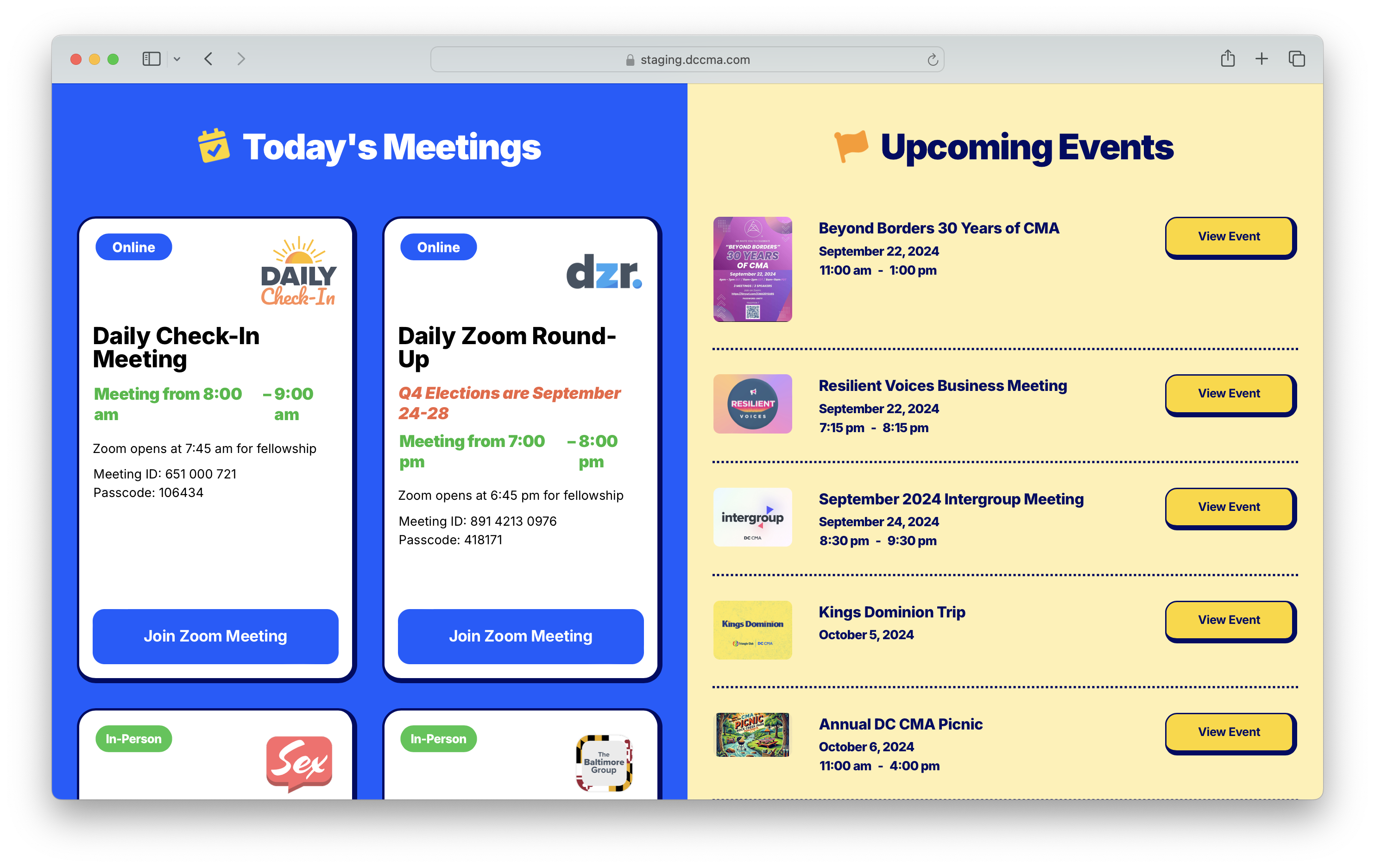 Live Meetings Bar and Upcoming Events
